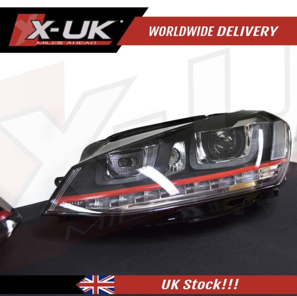 VW Golf 7 3D headlights headlamps flowing sequential turning lights red stripes (RHD)