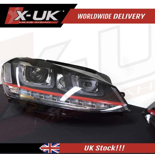 VW Golf 7 3D headlights headlamps flowing sequential turning lights red stripes (RHD)