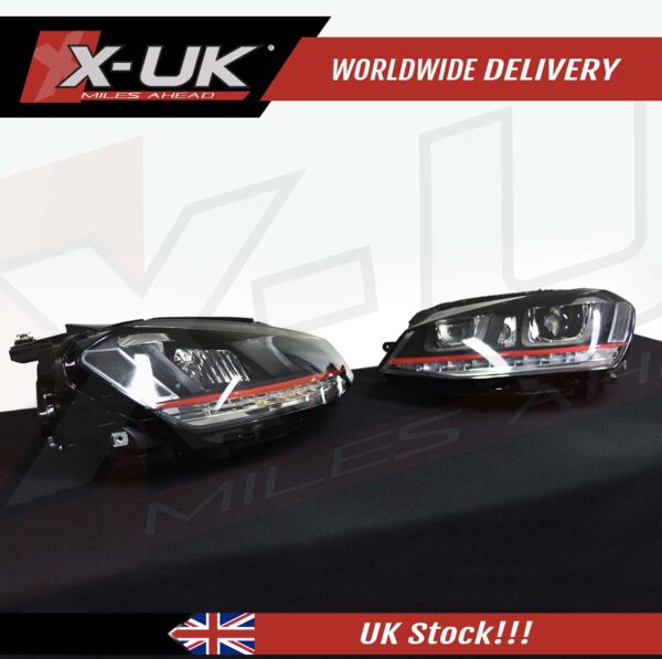 VW Golf 7 3D headlights headlamps flowing sequential turning lights red stripes (RHD)