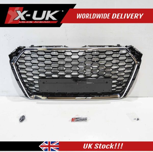 RS4 style front grill gloss black with chrome surround for Audi A4 S4 B9 2016-2019