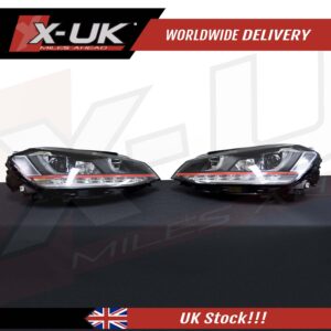 VW Golf 7 3D Headlights Headlamps flowing sequential turning lights red stripes (LHD)