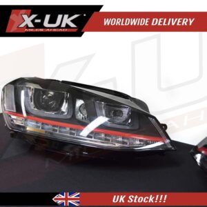 VW Golf 7 3D Headlights Headlamps flowing sequential turning lights red stripes (LHD)