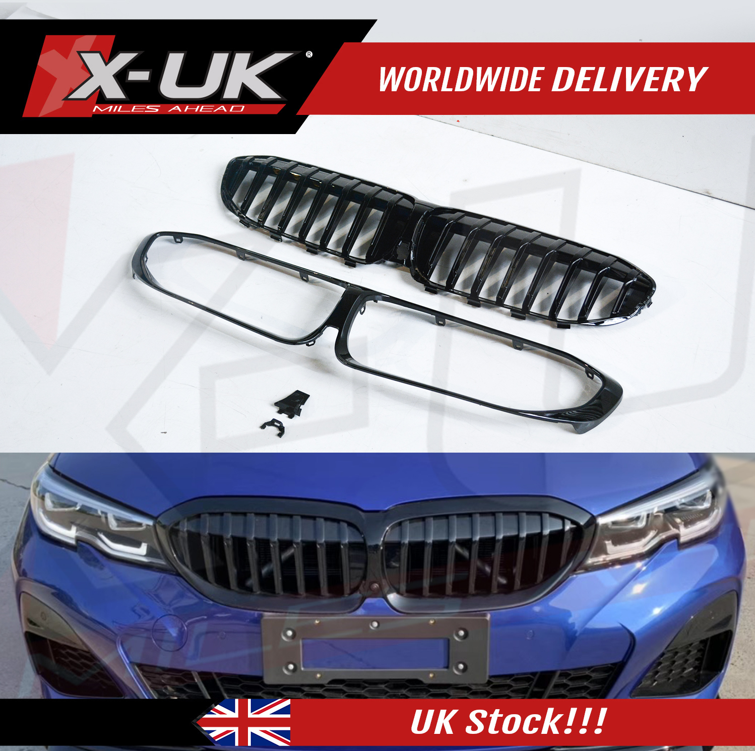 BMW 3 Series G20 G21 Twin Bar M Style Grill Grilles Gloss Black