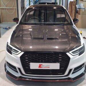 Audi A3 S3 RS3 8v Carbon fiber bonnet and splitter lip installation by XUK LTD
